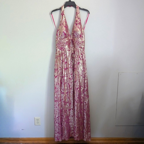 Aidan Mattox Pink & Gold Silk Jacquard Metallic Halter Formal Gown - Picture 3 of 17